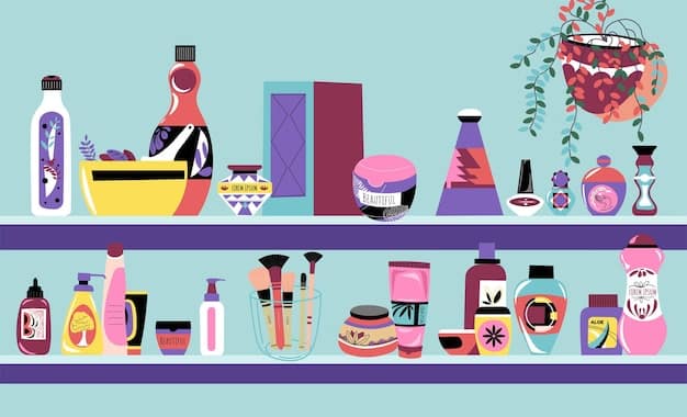 A well-organized shelf in a skincare store, featuring various Korean beauty products from different brands, highlighting serums, cleansers, toners, and moisturizers. The lighting is bright and inviting.