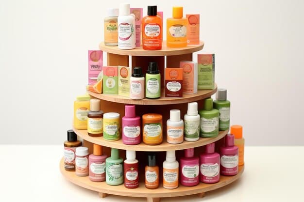 A shelf full of vibrantly packaged K-beauty skincare products in a US beauty store.  The shelf includes cleansers, toners, serums, and moisturizers, highlighting the diverse range of products available and their appealing packaging.