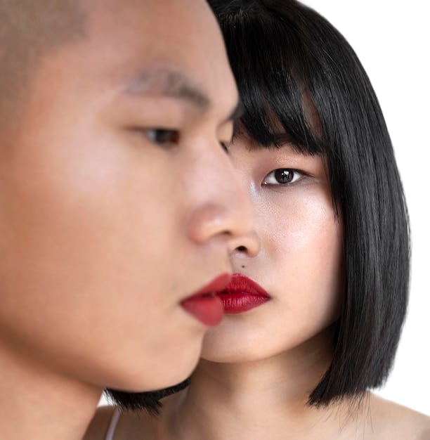 A split image showcasing two different K-Pop idols, one with bolder eye makeup and a red lip, and the other with a more natural, dewy look, highlighting the diversity of K-Pop beauty styles.