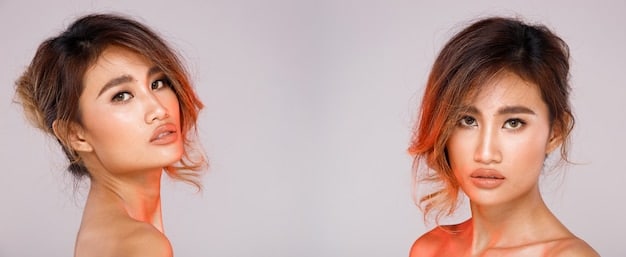 A side-by-side comparison of Korean and American makeup styles. On one side, a Korean woman with dewy skin, natural-looking eyebrows, and a gradient lip. On the other side, an American woman with contoured features, bold eyeshadow, and a matte lipstick.