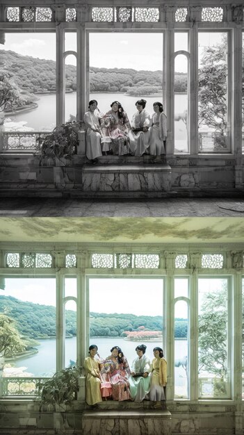 A split image, with one side showing a scene from a historical K-drama where the main characters are wearing elaborate, traditional Hanboks, and the other side showing a modern K-pop group wearing Hanbok-inspired stage outfits with bold, contemporary designs.