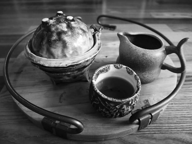 Close-up shot of a traditional Korean tea set. The set includes a teapot, teacups, a tea bowl, and other essential tools, showcasing the intricate designs and materials used.