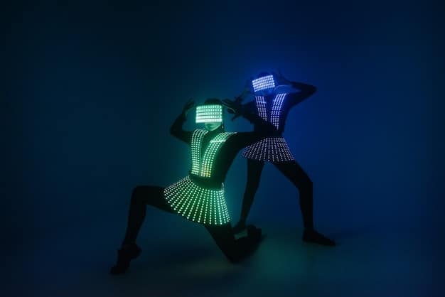 Dancers are equipped with motion capture suits on a darkened stage, illuminated by soft neon lights. They are performing in sync, with their movements being translated into digital avatars displayed in the background on large screens. Emphasize the contrast between their physical performance and digital representation, highlighting the integration of technology in dance.