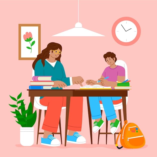 A mother and child sitting at a desk, the mother patiently helping the child with their homework. The scene is warm and supportive, highlighting the close bond and the emphasis on education.
