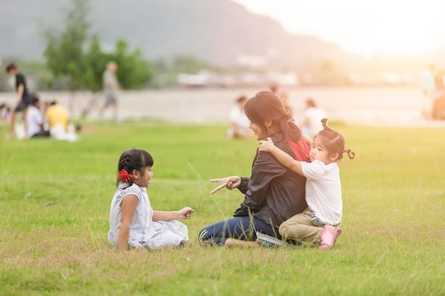 A group of parents and children gathered in a park, laughing and playing together. The scene showcases community support and the importance of social interaction in Korean culture.