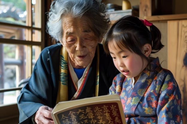 A close-up shot of a Korean-American grandmother teaching her grandchildren how to make traditional Korean dishes like mandu (dumplings) for Seollal in a modern American kitchen. The focus is on the intergenerational connection and the transmission of cultural knowledge.