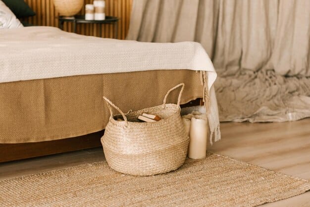 A modern US bedroom featuring a low wooden bed frame, woven straw mats, and rice paper lamps. The room is bathed in soft, natural light, creating a serene and calming atmosphere, showcasing the integration of Korean-inspired natural materials in American spaces.