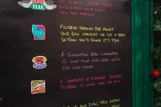 A split image showing English translations and corresponding Korean phrases for greetings, displayed on a chalkboard in a cozy cafe setting.