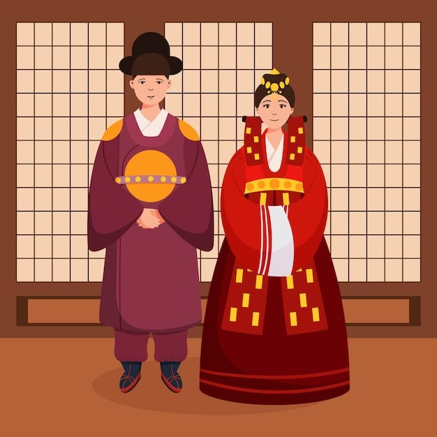 Bride and groom in traditional Korean clothing (hanboks), performing the paebaek ceremony. The backdrop includes family members and traditional Korean decorations.