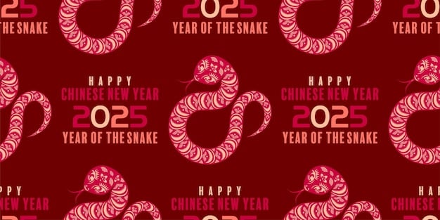 An artistic representation of a snake, the zodiac animal for 2025, intertwined with Korean traditional patterns and motifs. Colors are rich and symbolic, with red and gold dominating.