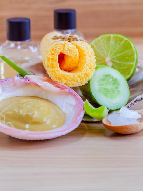 A close-up shot of various exotic ingredients used in Korean beauty products, such as snail mucin, green tea leaves, and ginseng roots, arranged artfully on a wooden surface. The image highlights the natural and unique components of K-beauty formulations.