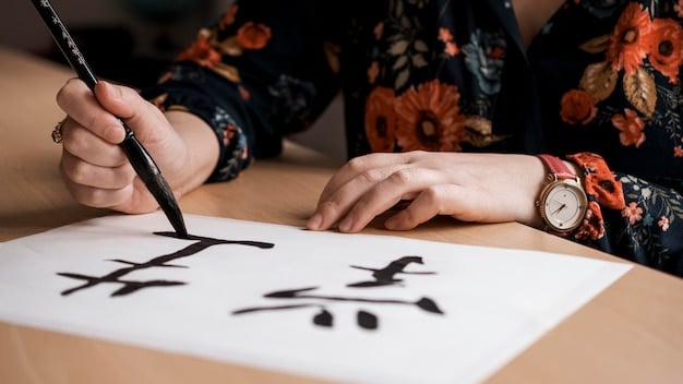 A detailed diagram illustrating the eight basic strokes of Korean calligraphy. Each stroke is labeled with its Korean name (Jeom, Hoeng, Sujik, etc.) and a brief English description. Arrows indicate the direction and movement of the brush for each stroke, and subtle shading shows variations in ink density and pressure.
