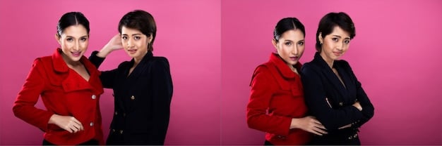 A split image showing two different outfits. On the left, a woman is wearing a tailored blazer with high-waisted trousers and heels, representing the 