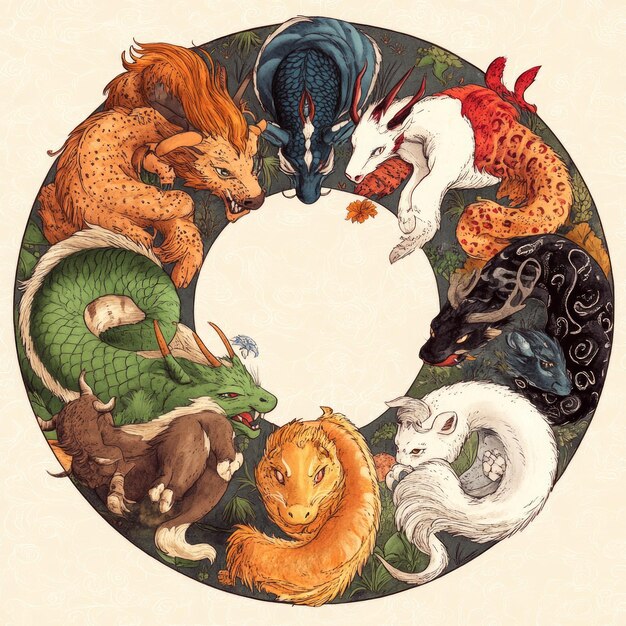 An intricate illustration displaying all twelve Korean Zodiac animals arranged in a circle around a traditional Korean compass. Each animal should be depicted with symbolic items that represent its associated traits and characteristics.