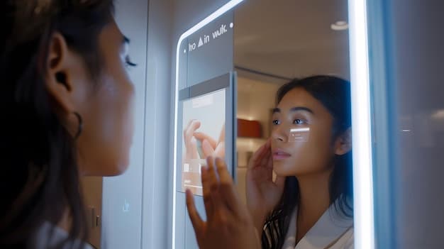 A close-up shot of a high-tech skincare analyzer being used on a customer's face at a K-beauty retail store. The analyzer is connected to a tablet displaying the customer's skin analysis results, including hydration levels, pore size, and pigmentation. A K-beauty consultant is explaining the results to the customer, recommending personalized skincare products based on the analysis.