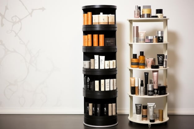 A well-organized shelf display at a beauty retailer, showcasing a mix of Korean beauty (K-beauty) and American cosmetic brands. The products are neatly arranged with clear labels, highlighting the key ingredients and benefits of each item. The display includes popular K-beauty products like sheet masks, serums, and moisturizers, alongside American products with similar ingredients and packaging styles, reflecting the integration of K-beauty trends into mainstream cosmetics. The lighting is soft and inviting, creating a pleasant shopping atmosphere.