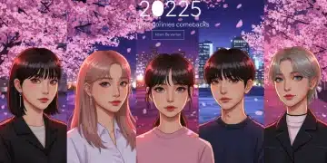 Dynamic illustration of five K-Pop groups with spring themes for 2025 comebacks