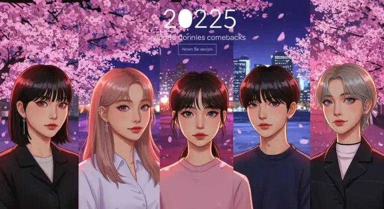 Dynamic illustration of five K-Pop groups with spring themes for 2025 comebacks