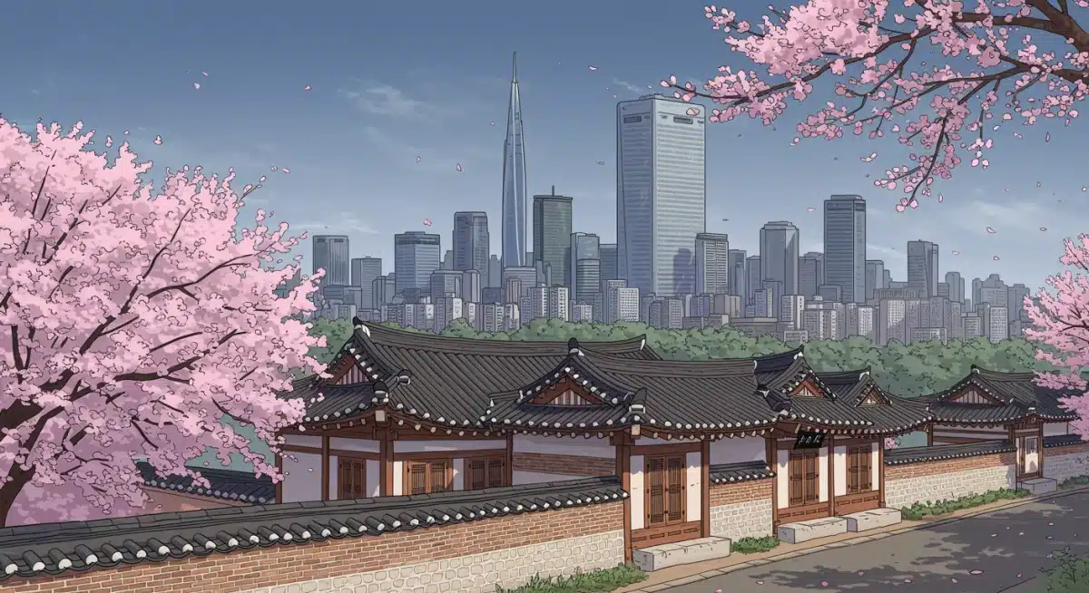 Traditional Korean hanok house against modern Seoul skyline