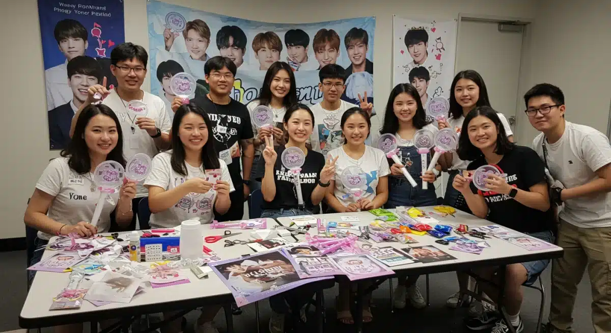 K-Pop fans collaborating on fan project materials for an upcoming concert.