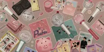 Colorful K-Pop merchandise including albums, lightsticks, and photo cards, creatively arranged with budget-friendly elements.