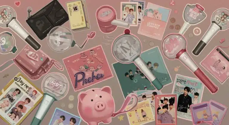Colorful K-Pop merchandise including albums, lightsticks, and photo cards, creatively arranged with budget-friendly elements.