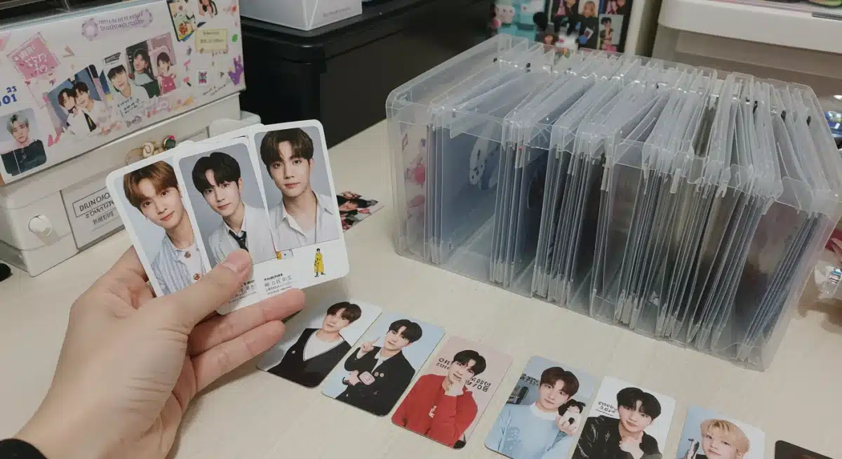 K-Pop fan carefully organizing a diverse collection of photo cards in protective sleeves and binders.
