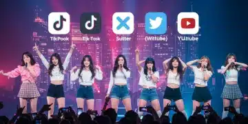 K-Pop idols performing, surrounded by TikTok, Instagram, X, and YouTube logos, representing social media impact on virality.