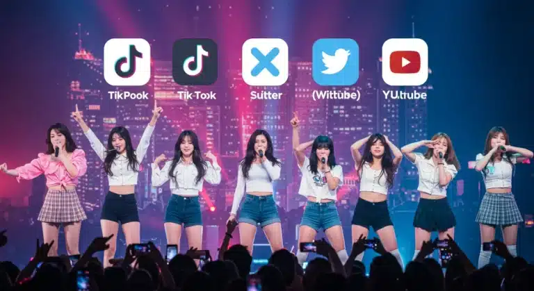 K-Pop idols performing, surrounded by TikTok, Instagram, X, and YouTube logos, representing social media impact on virality.