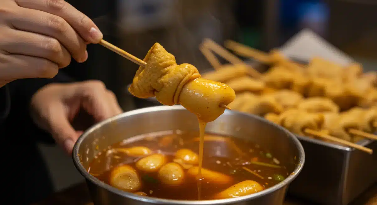 Close-up of hands holding a skewer of odeng fish cakes, savory broth