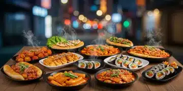 Vibrant assortment of Korean street food on a wooden table, steam rising