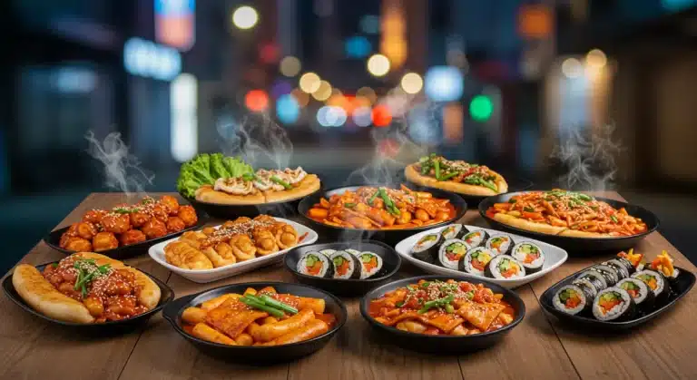 Vibrant assortment of Korean street food on a wooden table, steam rising