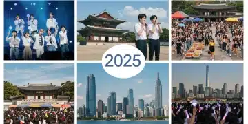 Dynamic collage of K-pop, traditional Korean architecture, street food, and Seoul cityscape, representing a 2025 K-culture travel experience.