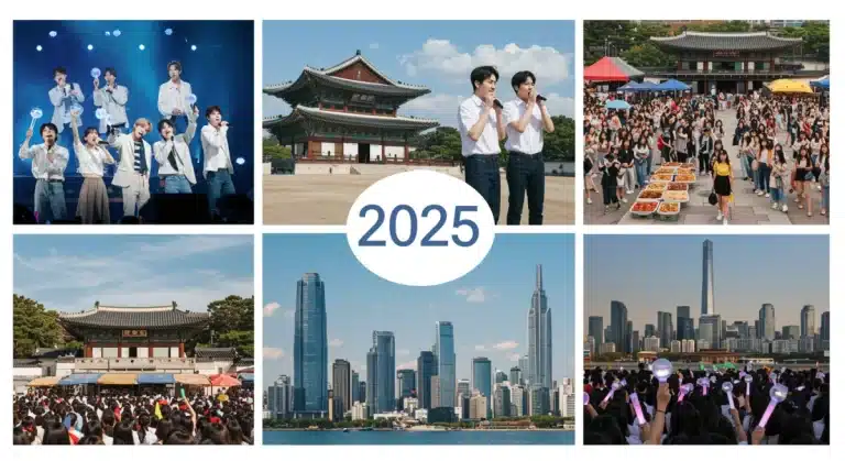 Dynamic collage of K-pop, traditional Korean architecture, street food, and Seoul cityscape, representing a 2025 K-culture travel experience.