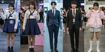 Attendees at a geek convention wearing K-drama inspired fashion, showcasing diverse styles and vibrant colors.