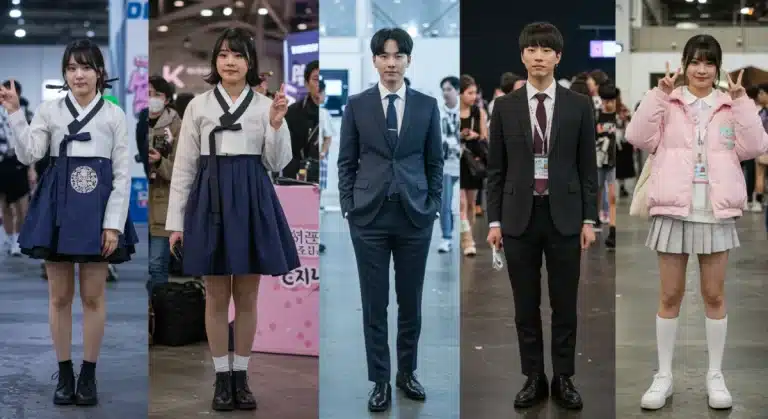 Attendees at a geek convention wearing K-drama inspired fashion, showcasing diverse styles and vibrant colors.