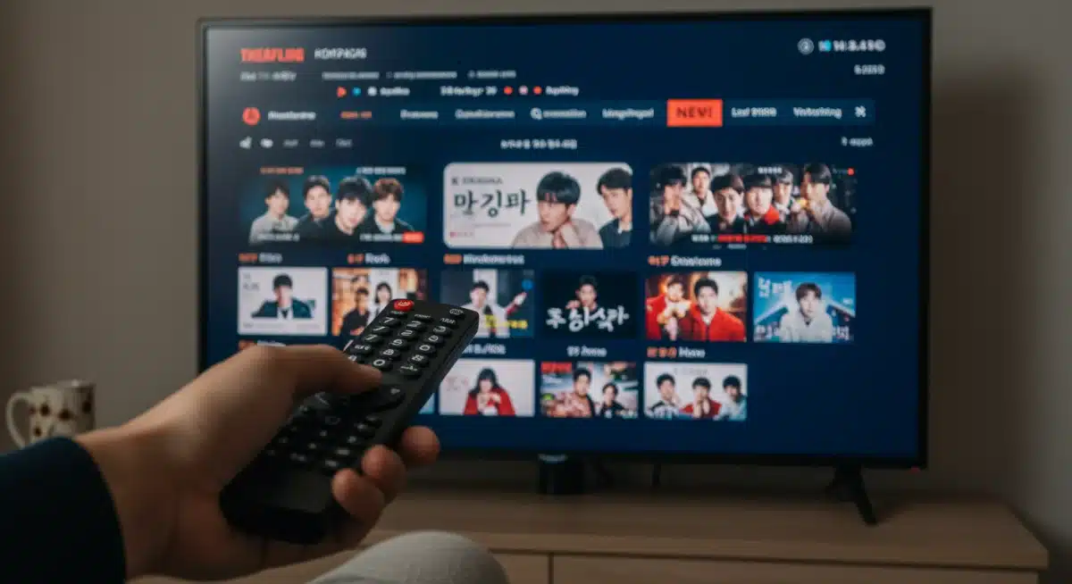 Person navigating K-drama streaming interface on TV, exploring new releases.