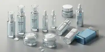 Futuristic Korean skincare products on a minimalist background, representing 2025 beauty innovations.