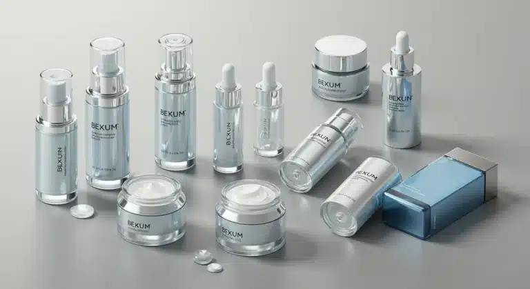 Futuristic Korean skincare products on a minimalist background, representing 2025 beauty innovations.