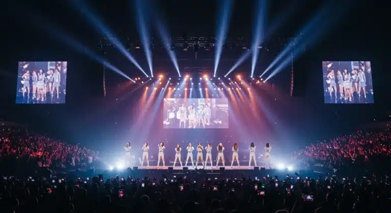 Vibrant K-Pop concert stage with lights and cheering crowd