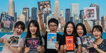 K-Pop fans holding physical albums and smartphones in a city, symbolizing physical vs. digital music consumption in the US.