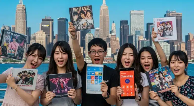 K-Pop fans holding physical albums and smartphones in a city, symbolizing physical vs. digital music consumption in the US.
