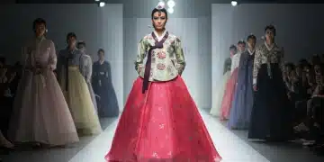 Modern Hanbok on a runway, showcasing contemporary design by US fashion artist