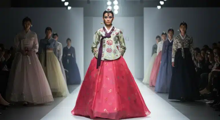 Modern Hanbok on a runway, showcasing contemporary design by US fashion artist
