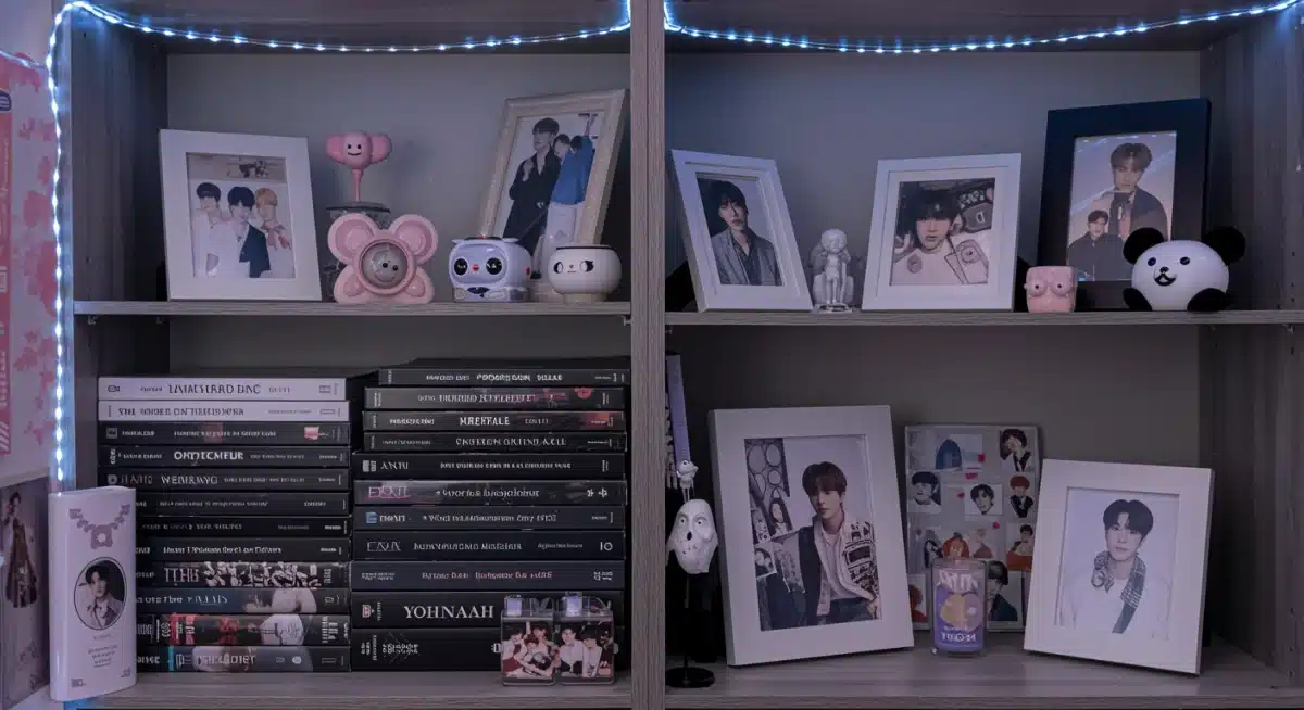 Organized K-Pop album and photo card display shelf with soft LED lighting.