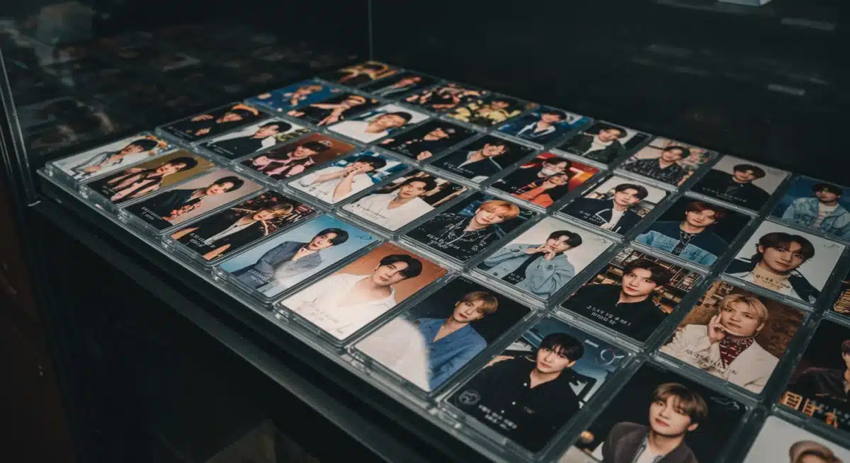 Rare K-Pop photocards displayed in protective sleeves, showcasing their pristine condition and high value as collectibles for investors and fans.