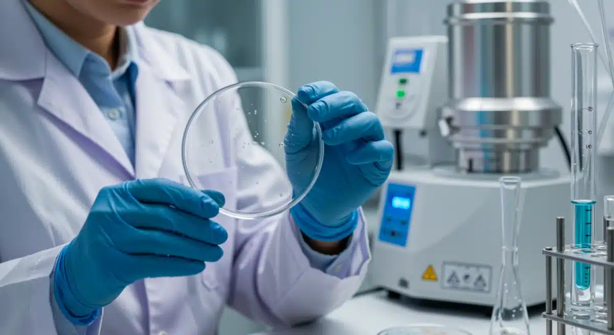 Scientist in lab coat examining petri dish, symbolizing advanced skincare research and development.