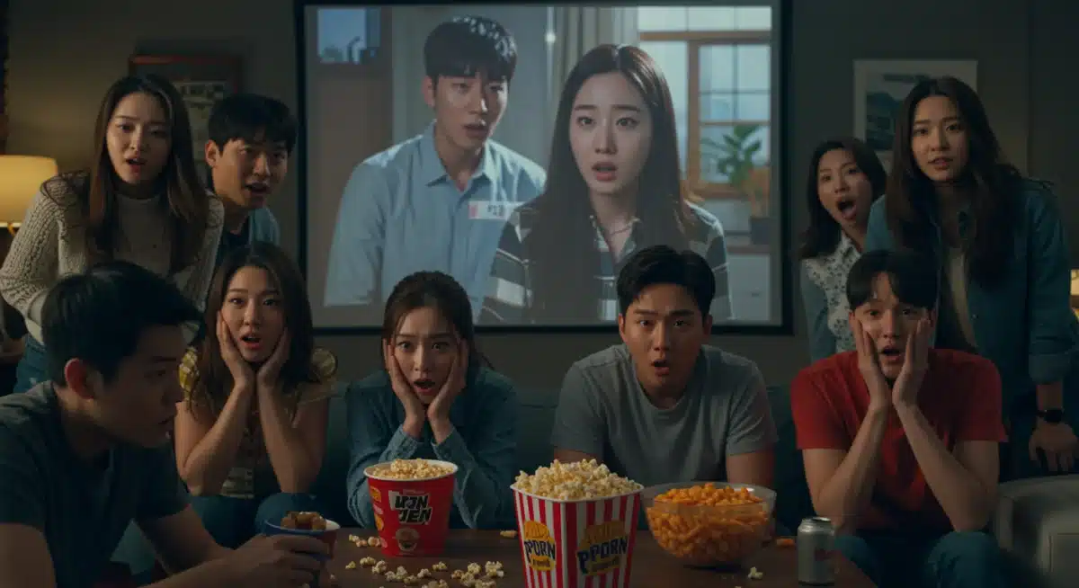 US K-Drama fans reacting emotionally to a dramatic K-Drama ending on a screen during a watch party.