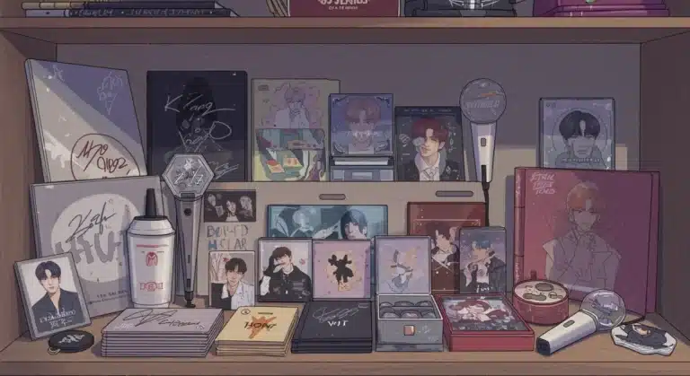 Collection of valuable K-Pop merchandise, including signed albums, rare photocards, and limited edition items, representing a smart investment for U.S. fans in 2025.