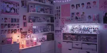 Vibrant K-Pop fan shrine with albums, photo cards, and lightsticks on display.